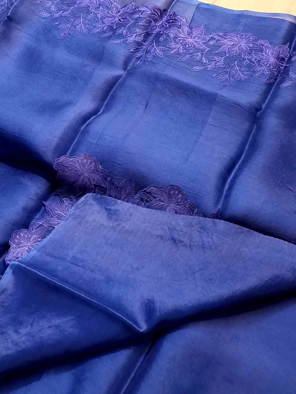 Blue color Pure organza silk Cut work saree