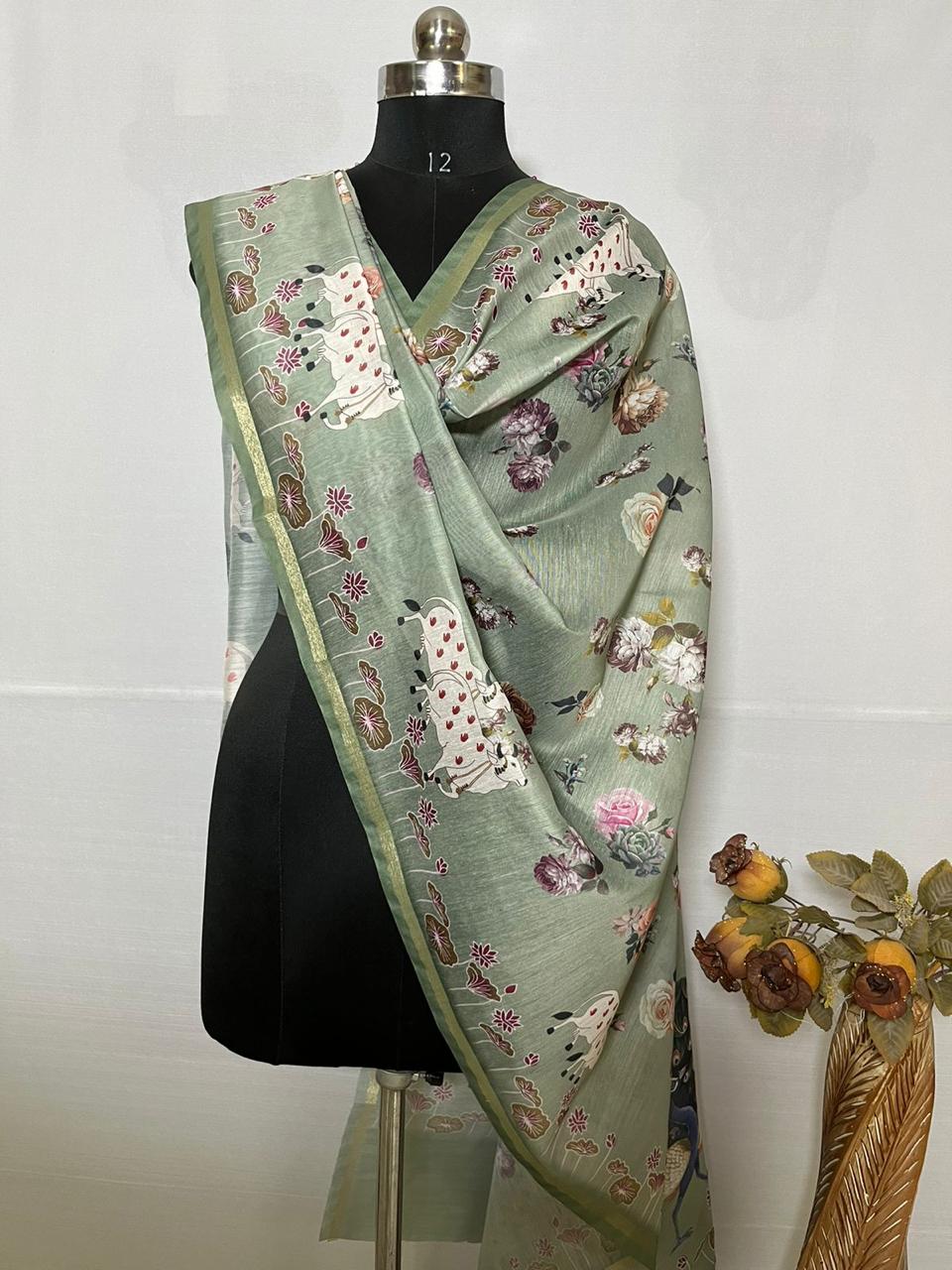 Pure Banarasi Chanderi Silk Pichwai Work Dupatta