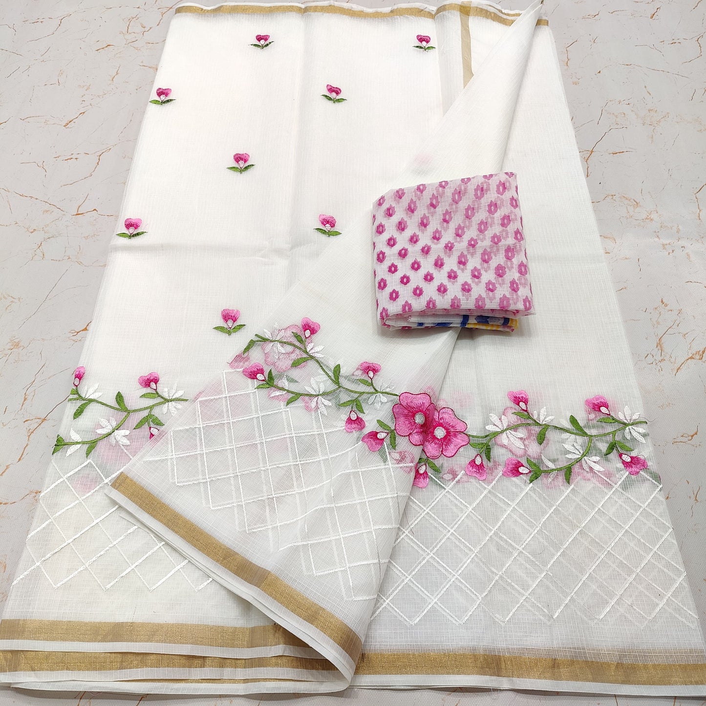 Pure Kota-Doria Saree with Embroidery Work