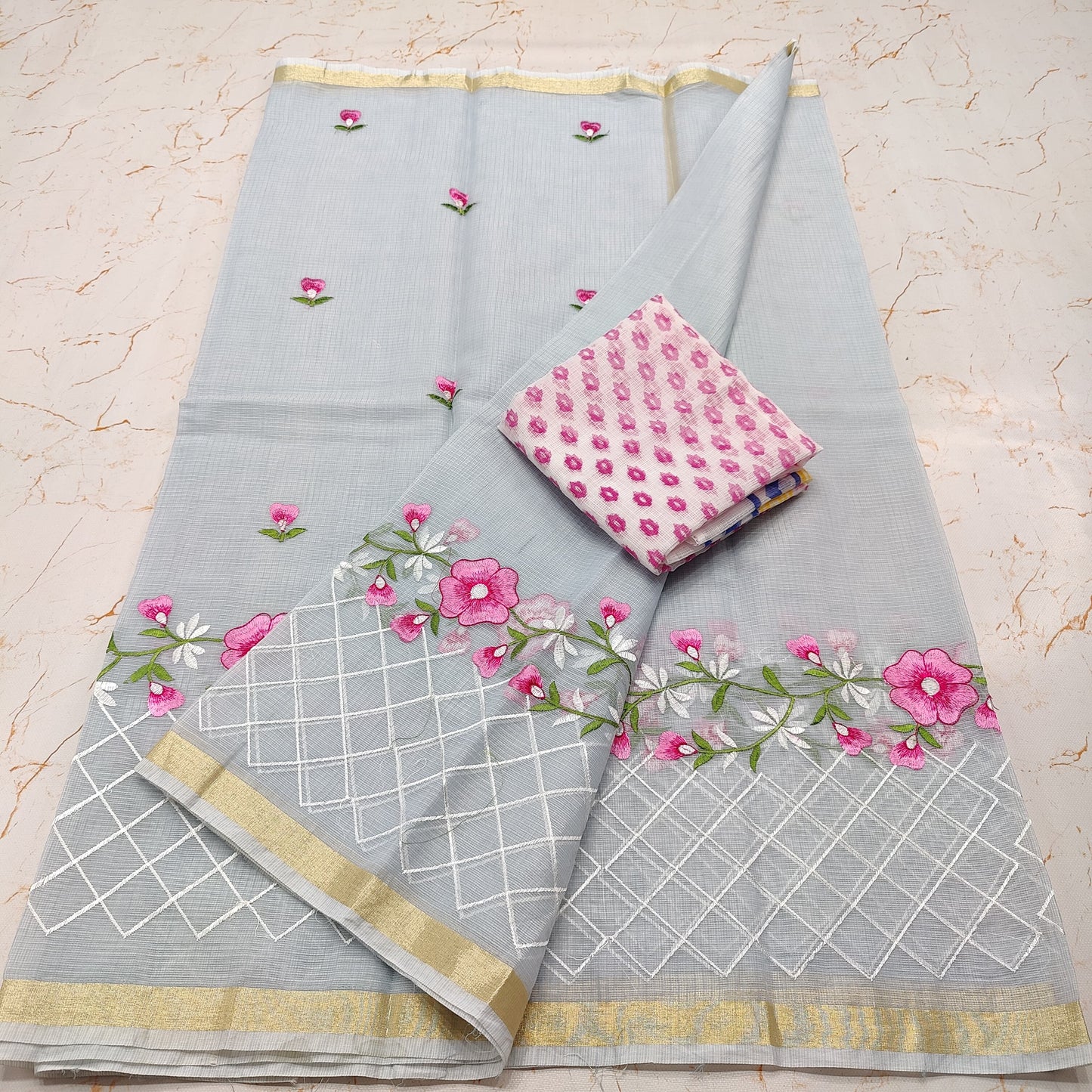 Pure Kota-Doria Saree with Embroidery Work