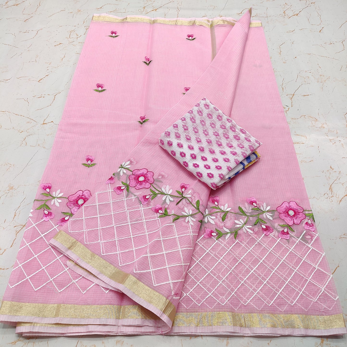 Pure Kota-Doria Saree with Embroidery Work