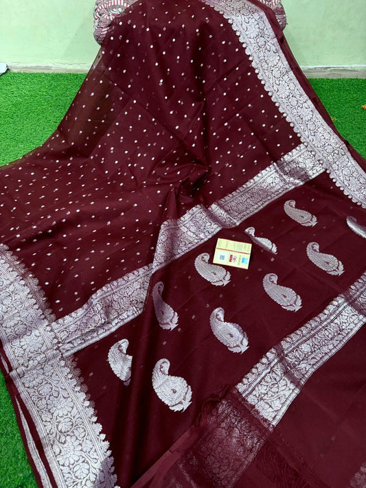 Pure Hand loom Khaddi Chiffon Georgette Saree with Silver Zari Weaving blouse