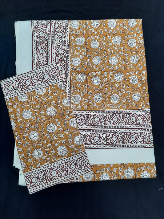 Pure Cotton Hand Block Print Double Bedsheet. ( 90 X 108) with pillow covers