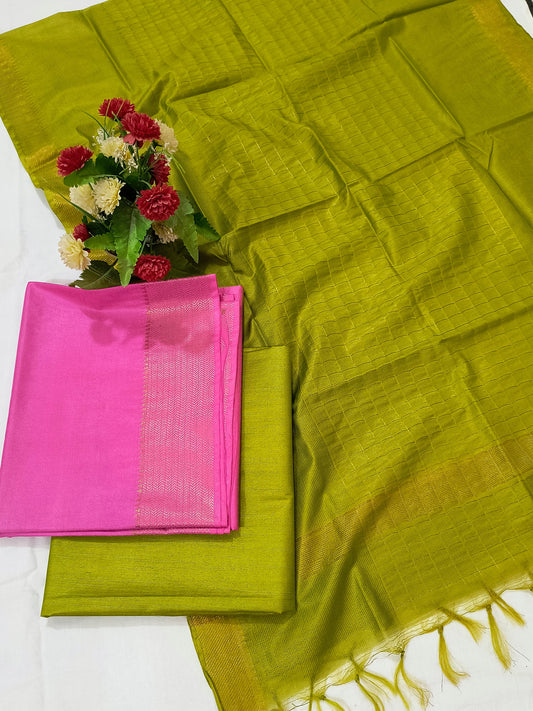 Mangalagiri Zari Border Unstitched Suit in Cotton Silk