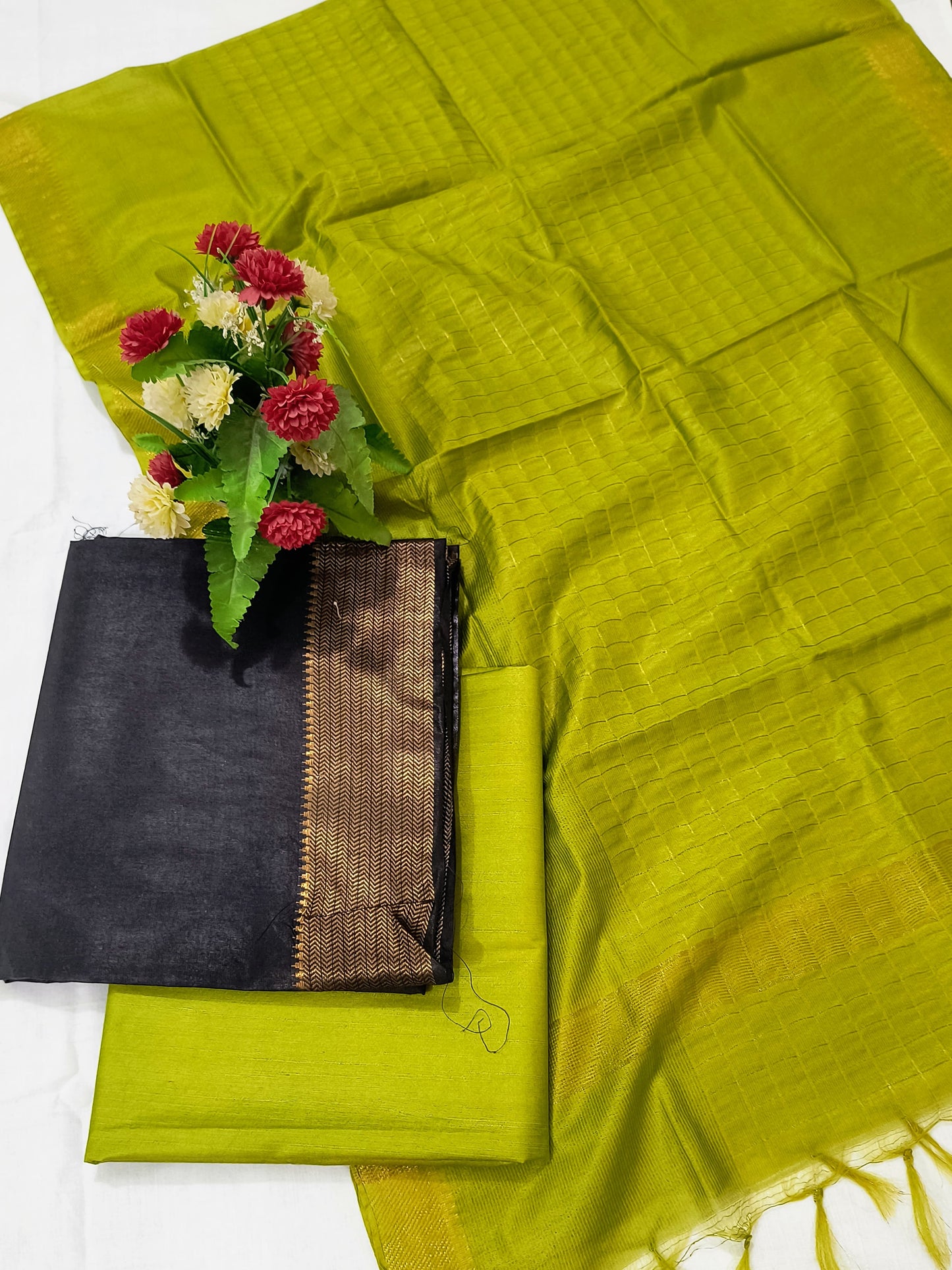 Mangalagiri Zari Border Unstitched Suit in Cotton Silk