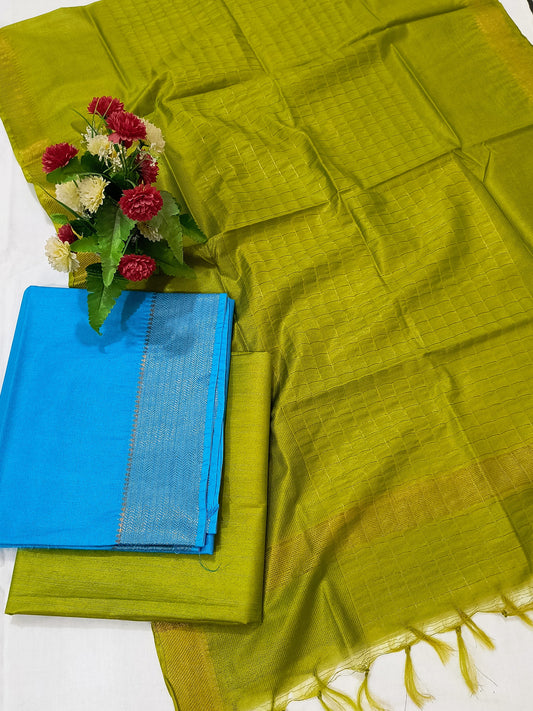 Mangalagiri Zari Border Unstitched Suit in Cotton Silk