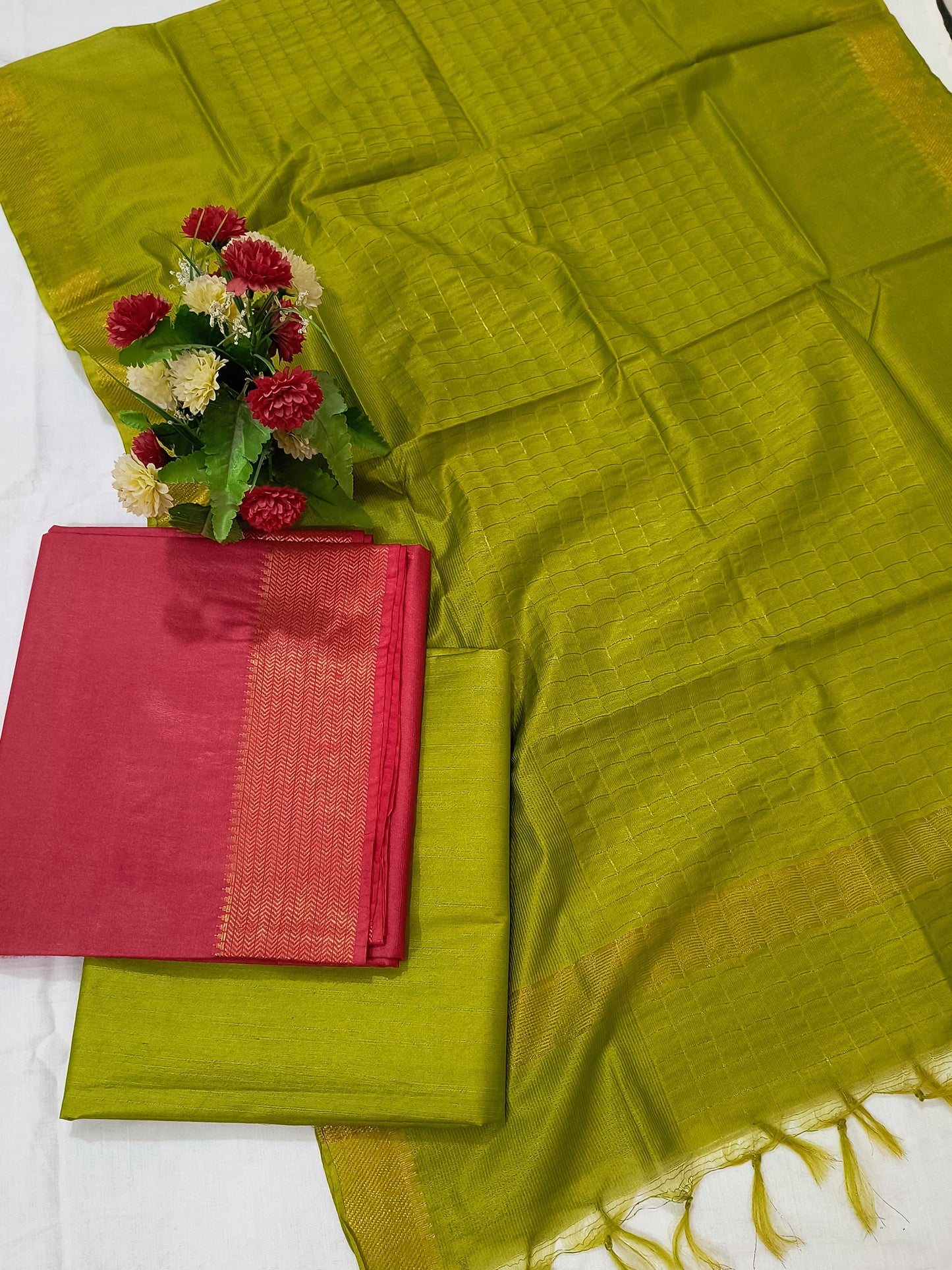 Mangalagiri Zari Border Unstitched Suit in Cotton Silk