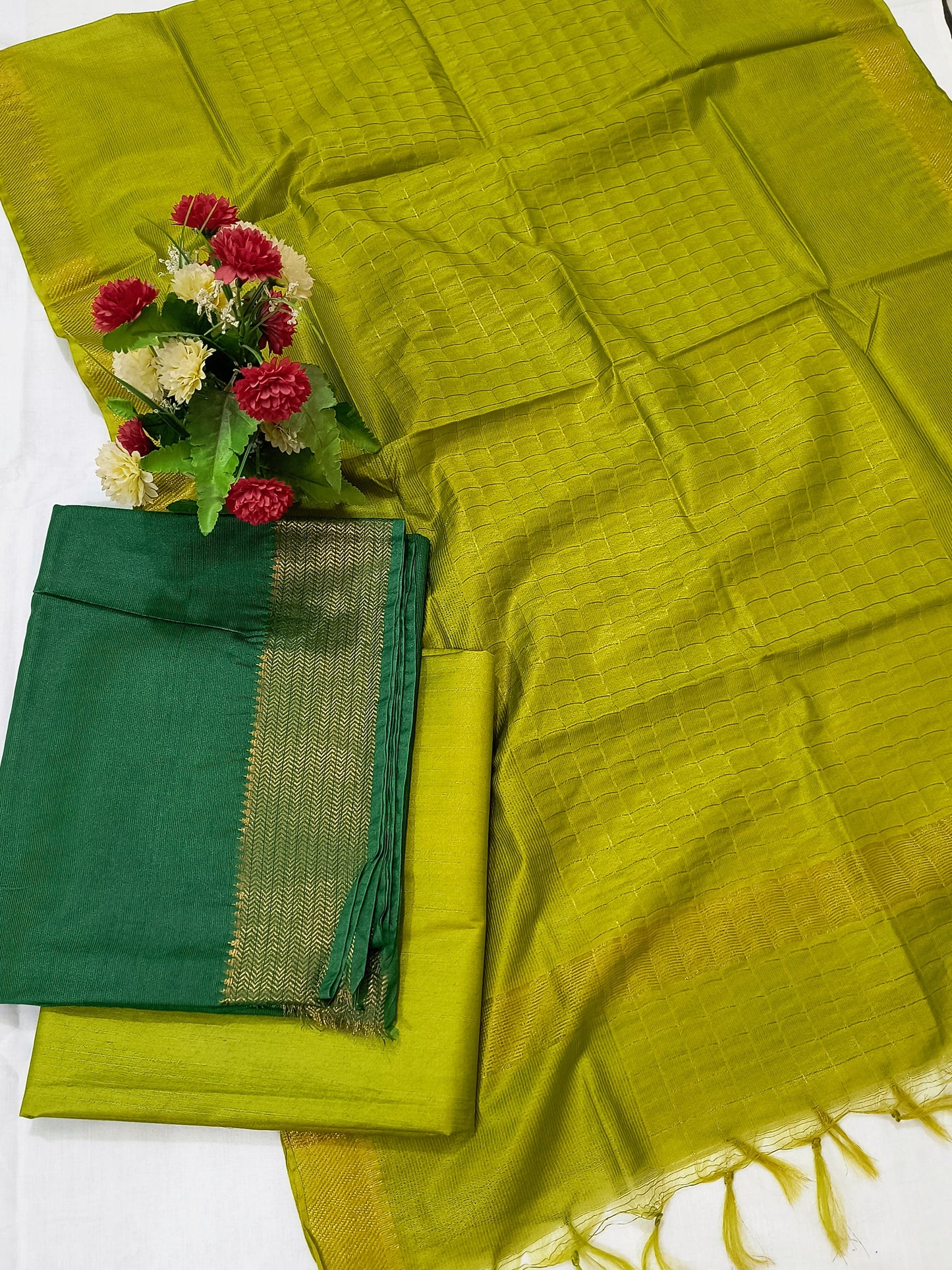 Mangalagiri Zari Border Unstitched Suit in Cotton Silk