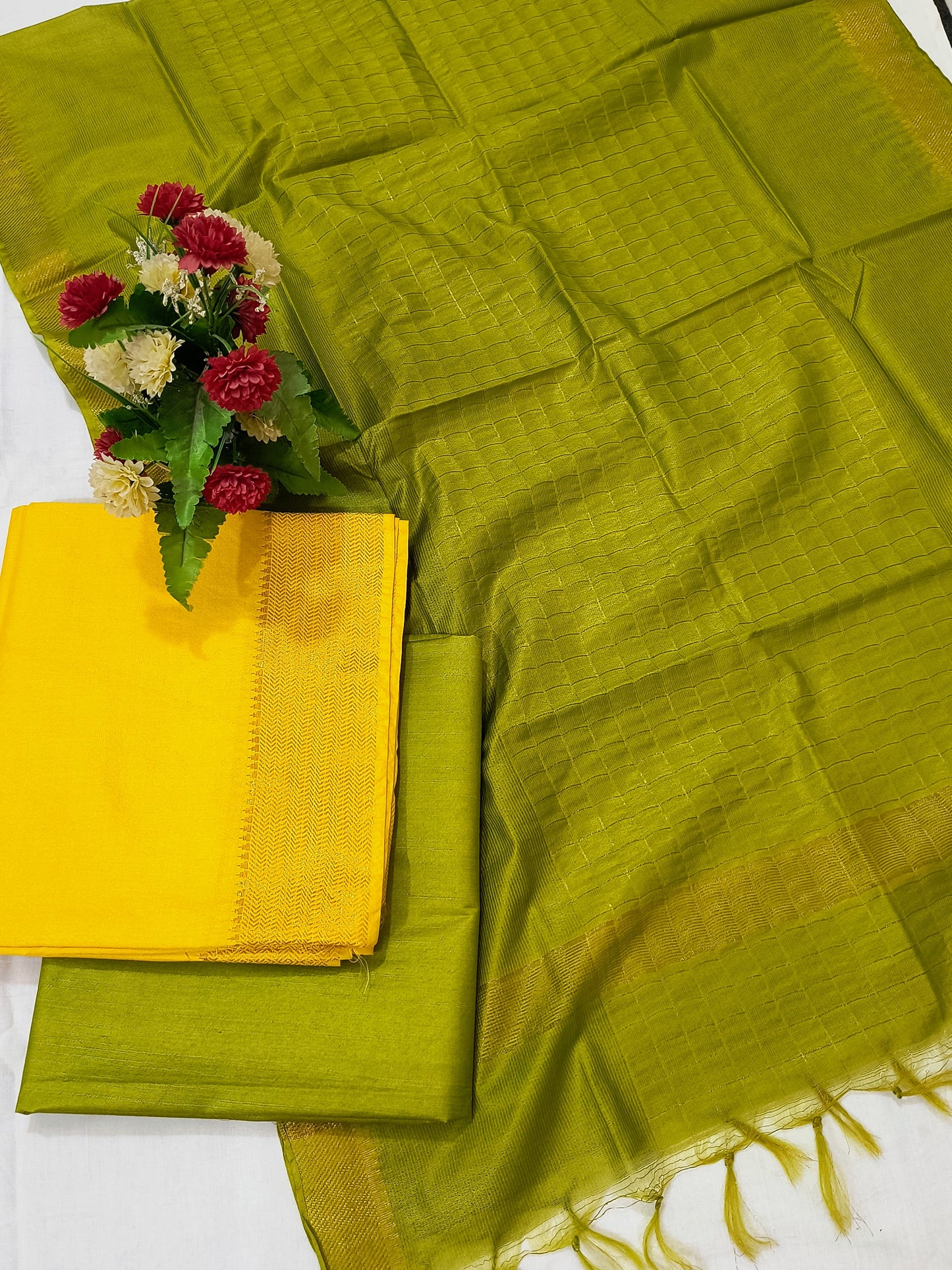 Mangalagiri Zari Border Unstitched Suit in Cotton Silk