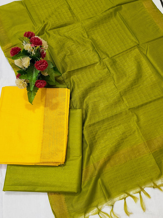 Mangalagiri Zari Border Unstitched Suit in Cotton Silk