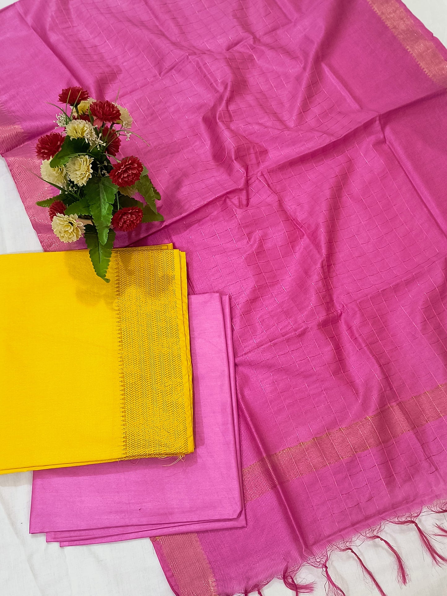 Mangalagiri Zari Border Unstitched Suit in Cotton Silk