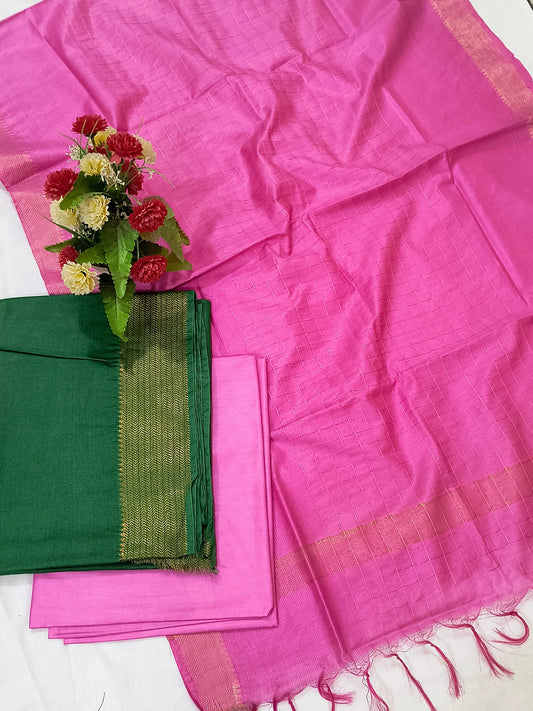 Mangalagiri Zari Border Unstitched Suit in Cotton Silk