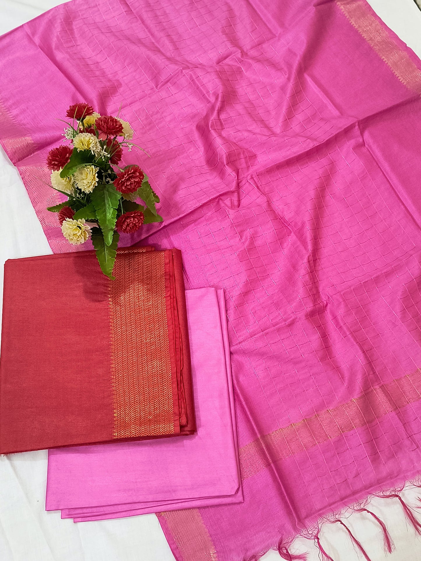 Mangalagiri Zari Border Unstitched Suit in Cotton Silk