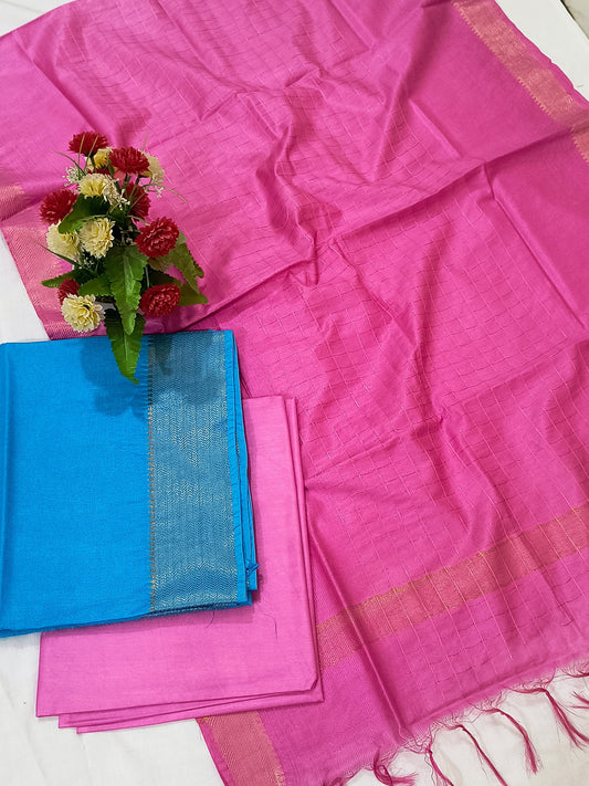 Mangalagiri Zari Border Unstitched Suit in Cotton Silk