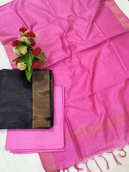 Mangalagiri Zari Border Unstitched Suit in Cotton Silk