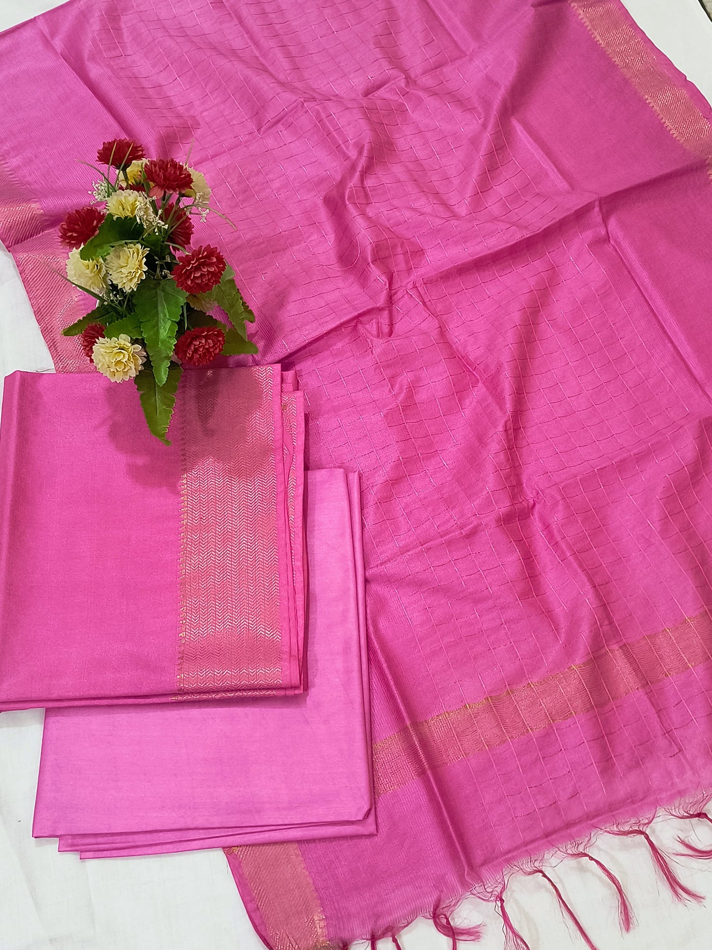 Mangalagiri Zari Border Unstitched Suit in Cotton Silk