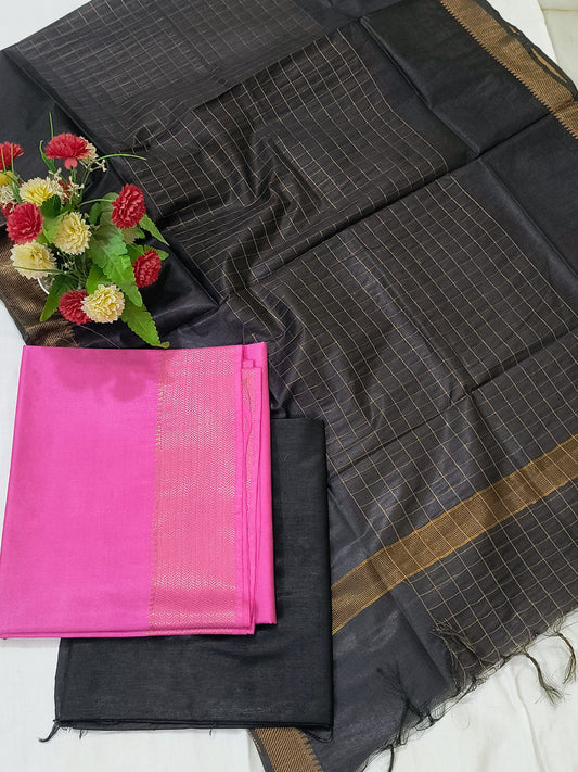 Mangalagiri Zari Border Unstitched Suit in Cotton Silk