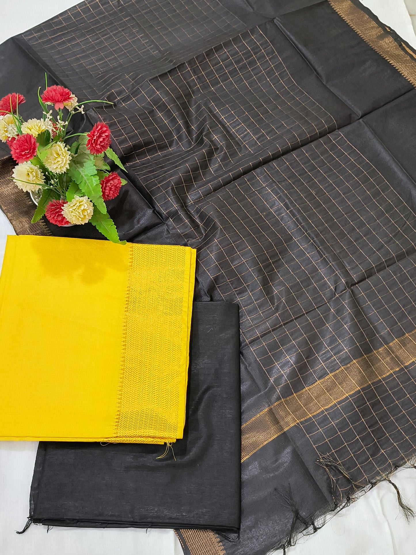 Mangalagiri Zari Border Unstitched Suit in Cotton Silk