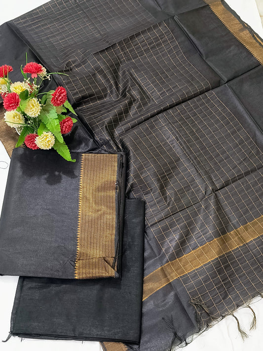 Mangalagiri Zari Border Unstitched Suit in Cotton Silk