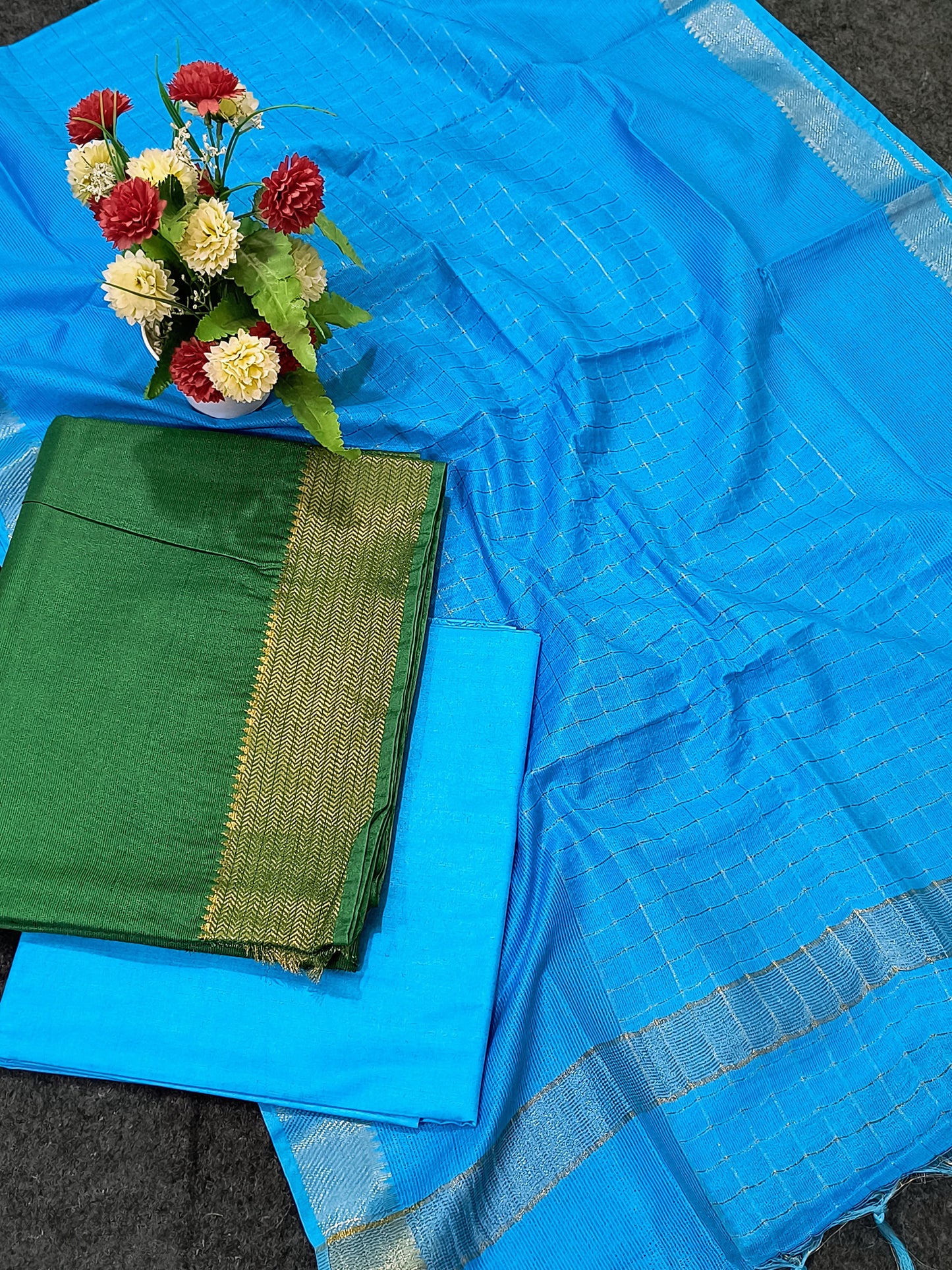 Mangalagiri Zari Border Unstitched Suit in Cotton Silk