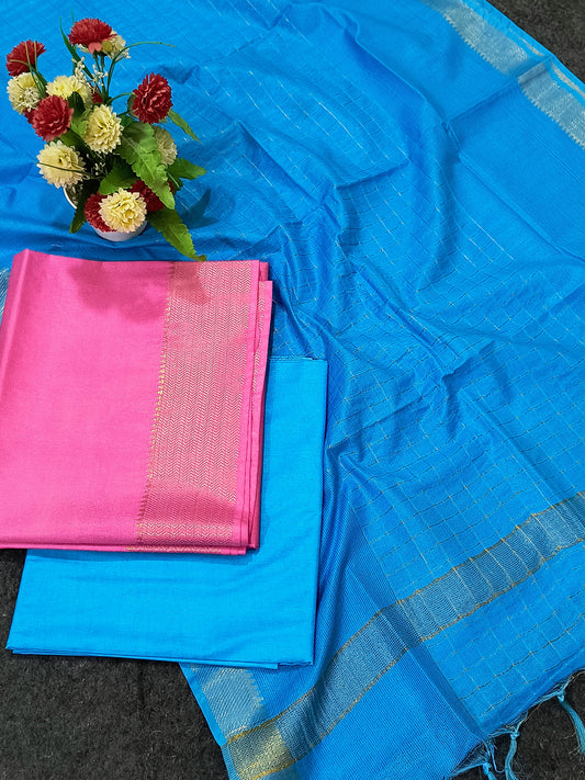 Mangalagiri Zari Border Unstitched Suit in Cotton Silk