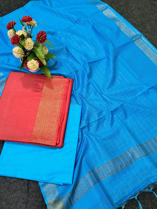 Mangalagiri Zari Border Unstitched Suit in Cotton Silk