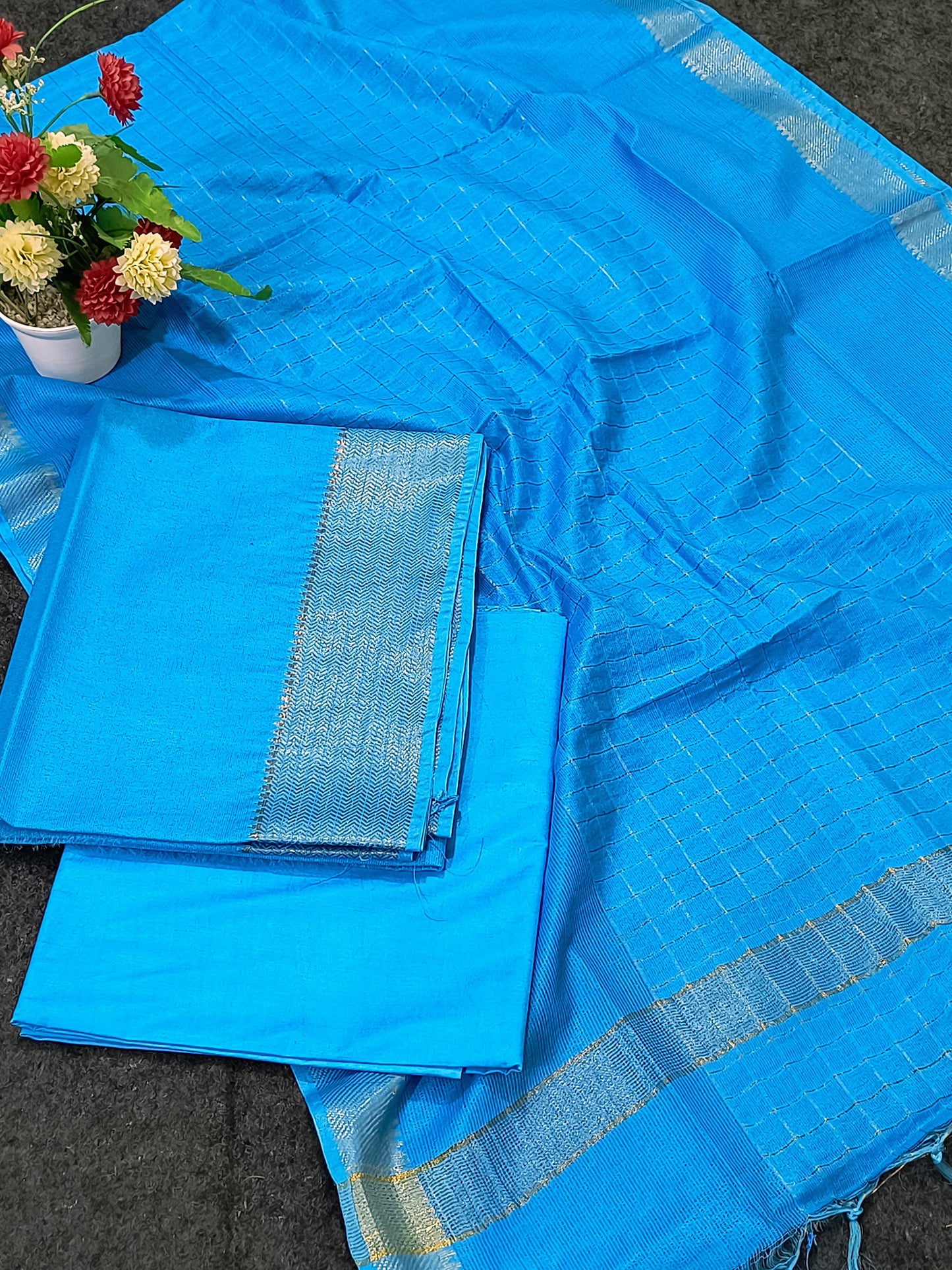 Mangalagiri Zari Border Unstitched Suit in Cotton Silk