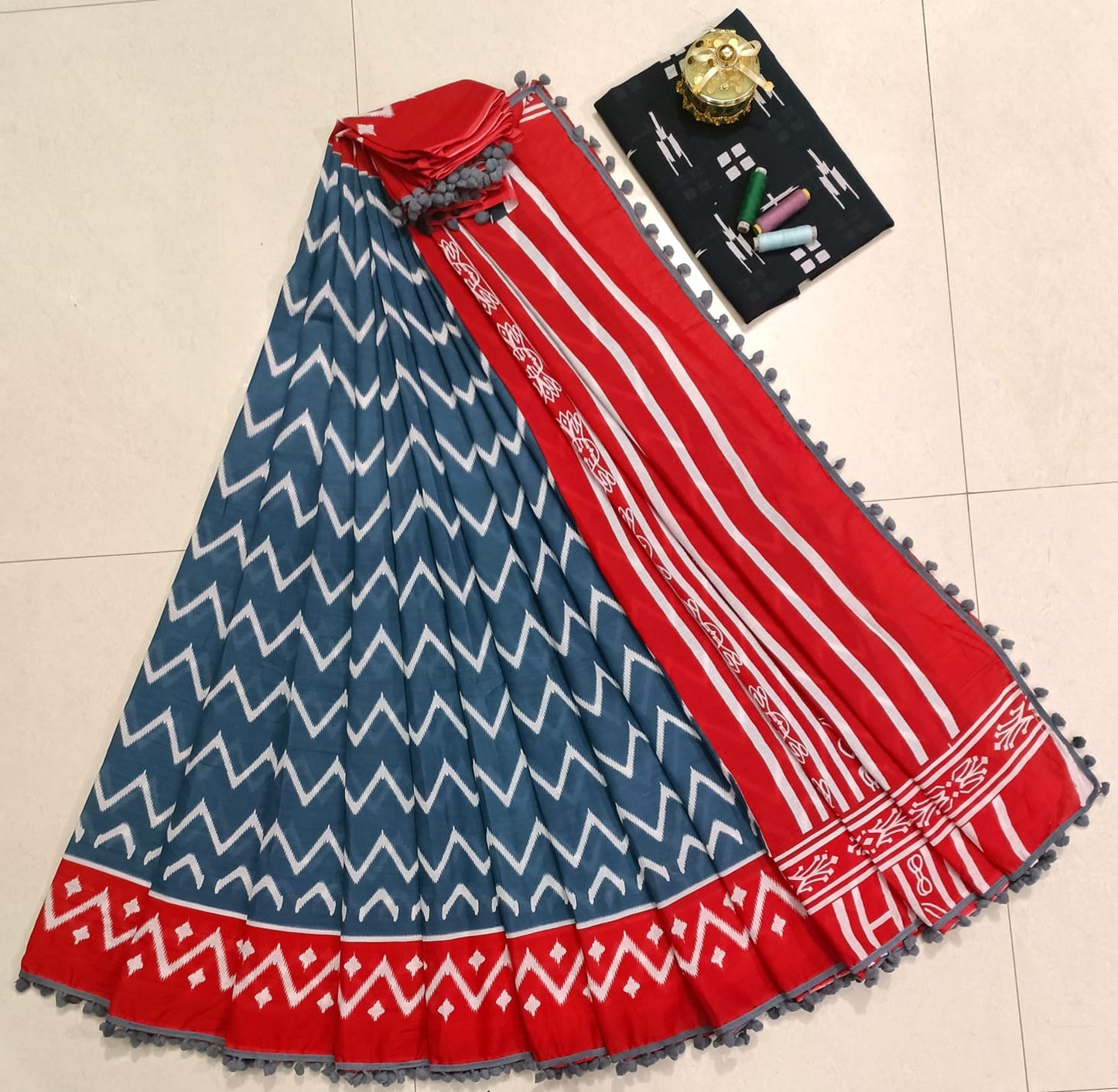 Pure Mulmul Cotton hand block Print Saree with Blouse