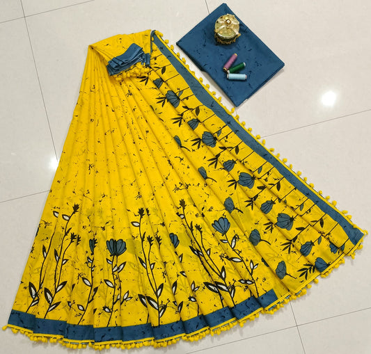 Pure Mulmul Cotton hand block Print Saree with Blouse