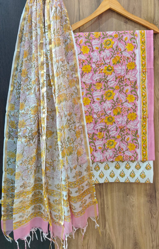 Pure Cotton Hand Block Print Suit With Kota Doriya Dupatta