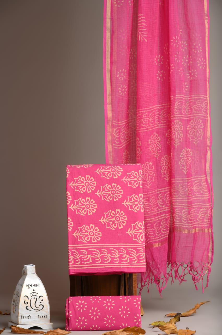 Pure Cotton Hand Block Printed Suit With Kota Doria Dupatta