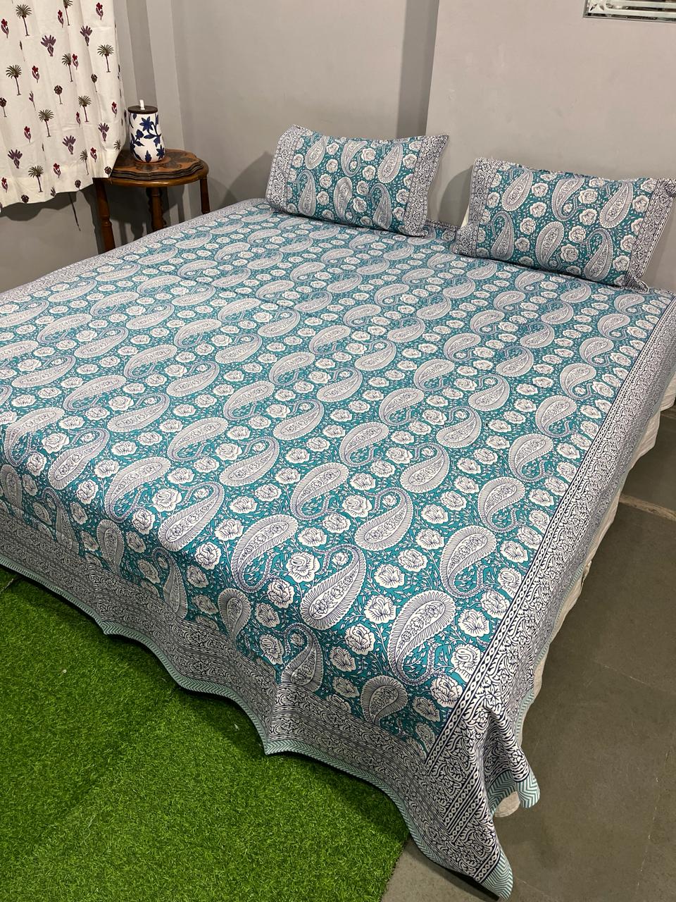 Pure Cotton Hand Block Print Double Bedsheet. ( 90 X 108) with pillow covers