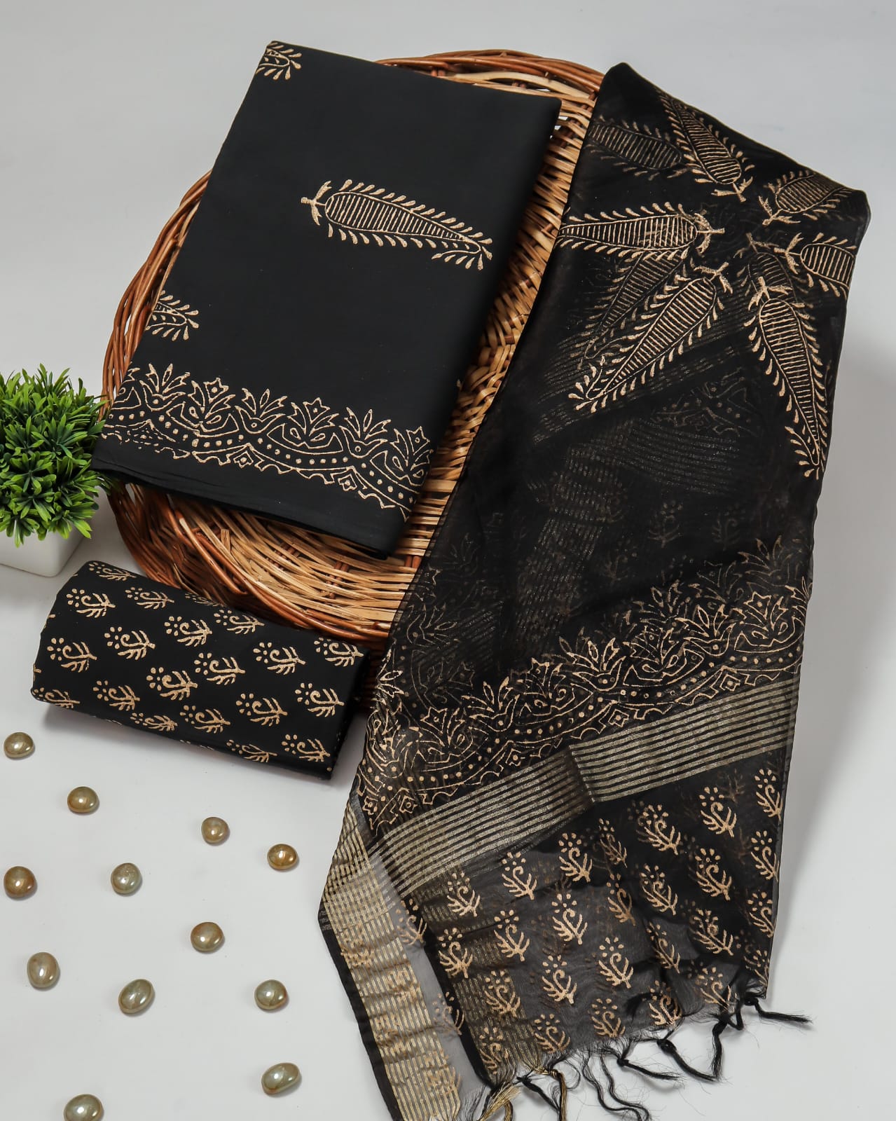 Pure Cotton Unstitched Suit With Organza Silk Dupatta