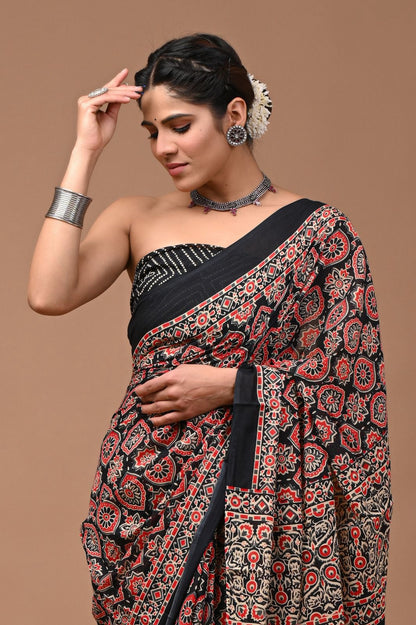 Pure Mulmul Cotton hand block Print Saree with Blouse