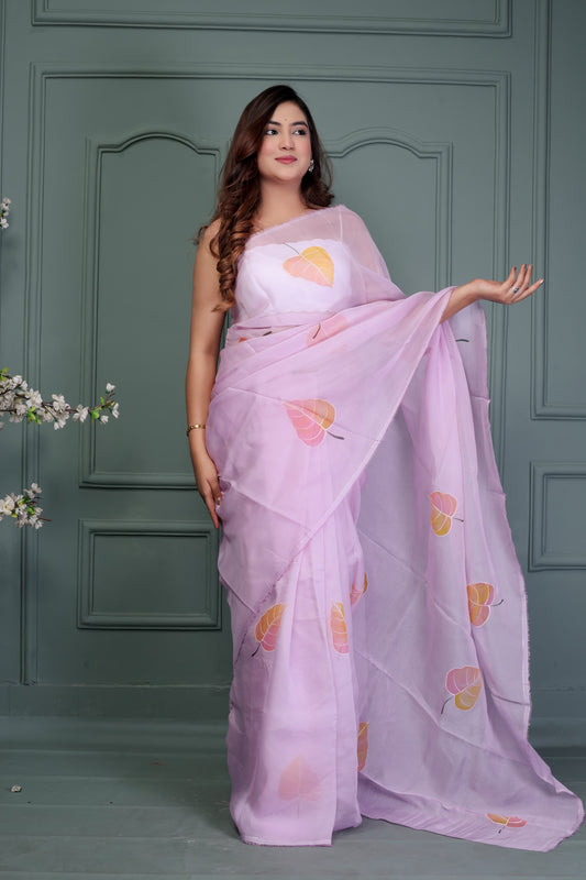 Organza Hand Printed Saree With Blouse