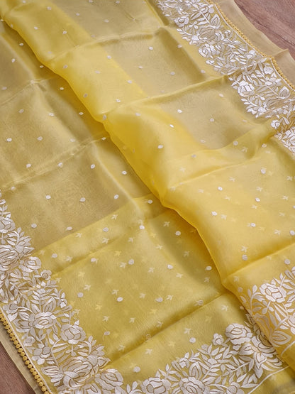 Pure Organza Silk  Parsi Embroidery Work Saree With Heavy Blouse