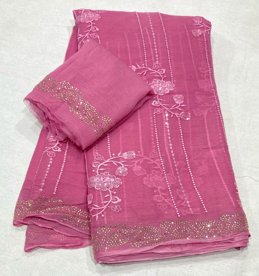 Pure Diamond Chiffon Saree With  Blouse