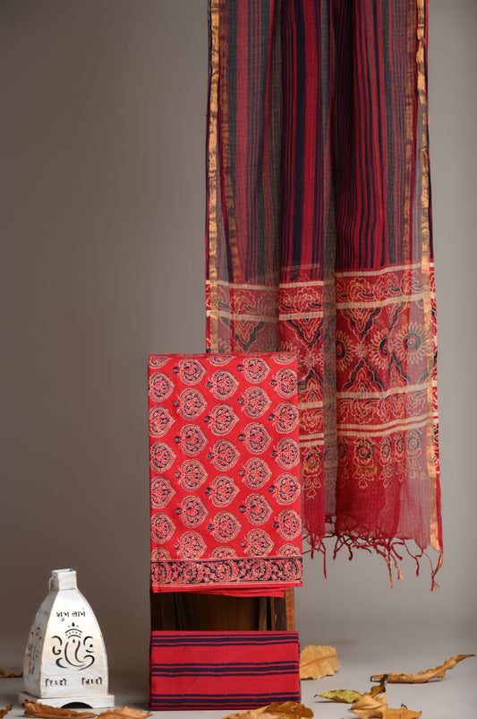 Pure Cotton Hand Block Printed Suit With Kota Doria Dupatta