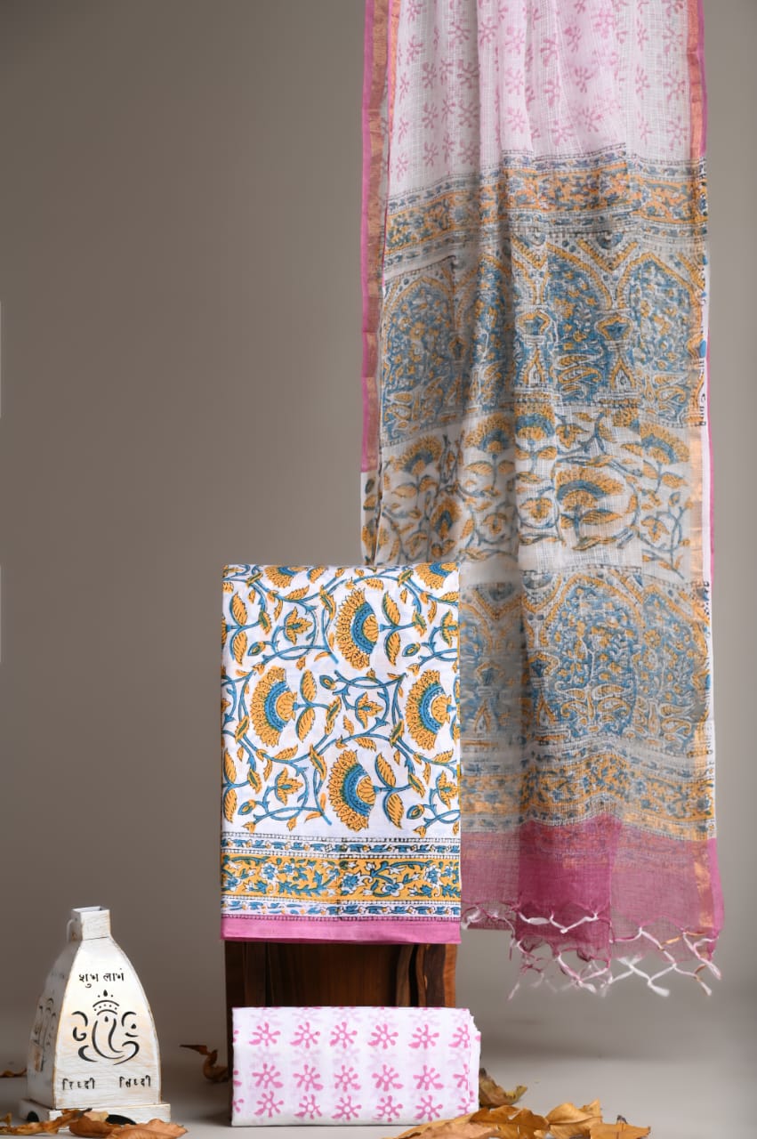 Pure Cotton Hand Block Printed Suit With Kota Doria Dupatta