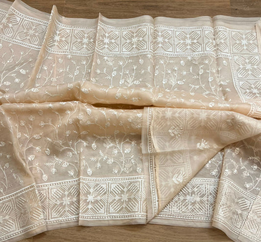 Pure organza silk chikankari work  saree with blouse