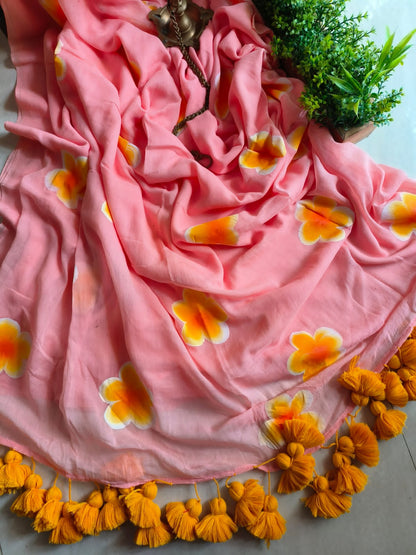 Beautiful Mulmul   Cotton Flowers design Hand Painted Saree