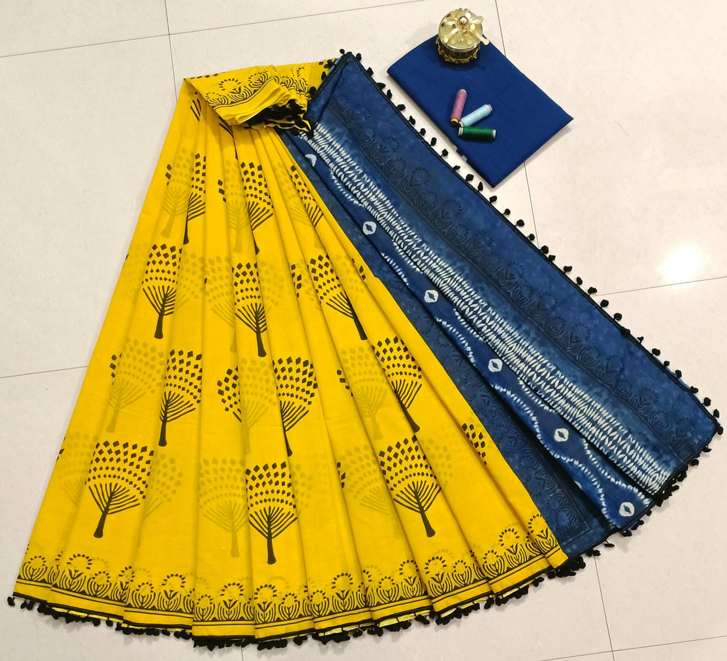 Pure Mulmul Cotton hand block Print Saree with Blouse