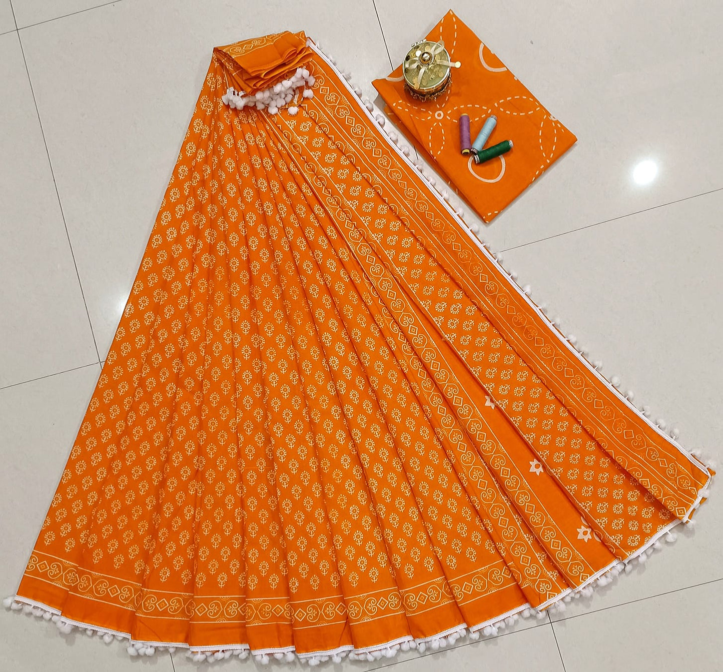 Pure Mulmul Cotton hand block Print Saree with Blouse