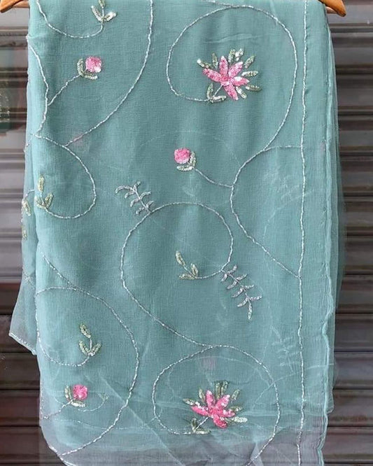 Designer Pure jaipuri Chiffon Saree with 15 Big Flower Motif