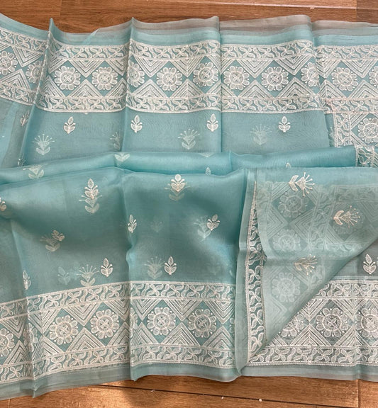 Pure organza silk chikankari work  saree with blouse