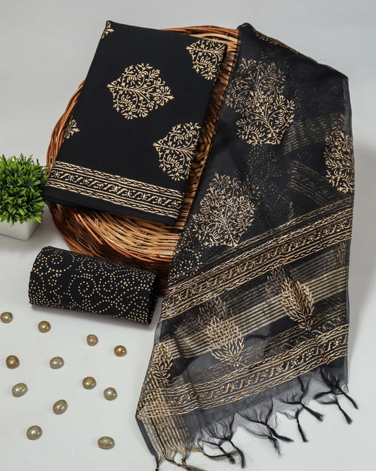 Pure Cotton Unstitched Suit With Organza Silk Dupatta