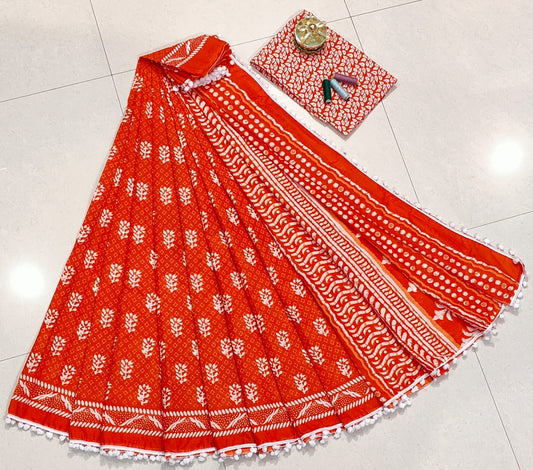 Pure Mulmul Cotton hand block Print Saree with Blouse