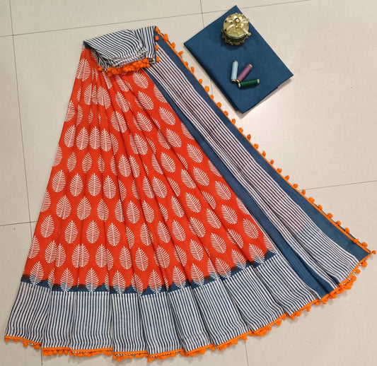 Pure Mulmul Cotton hand block Print Saree with Blouse