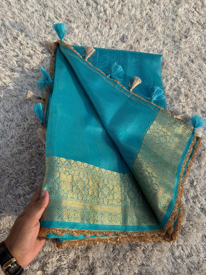 Banarasi Tissue Silk Saree With  Heavy Lace Work Running blouse