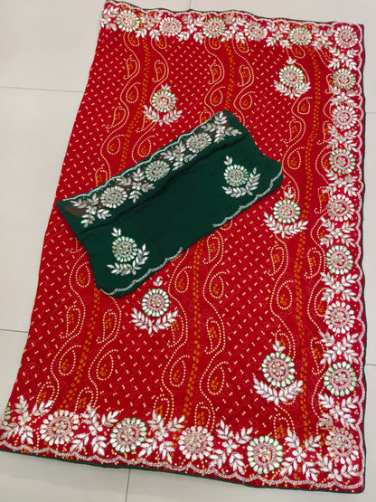 Pure georgette  Bandhej gota patti saree